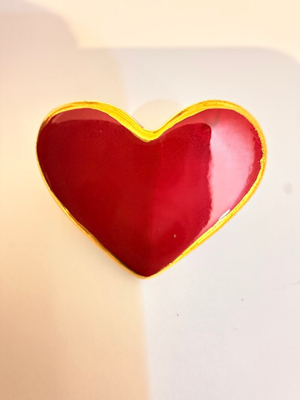 Vintage Ceramic Red Heart Brooch Gold Trim Enamel Finish